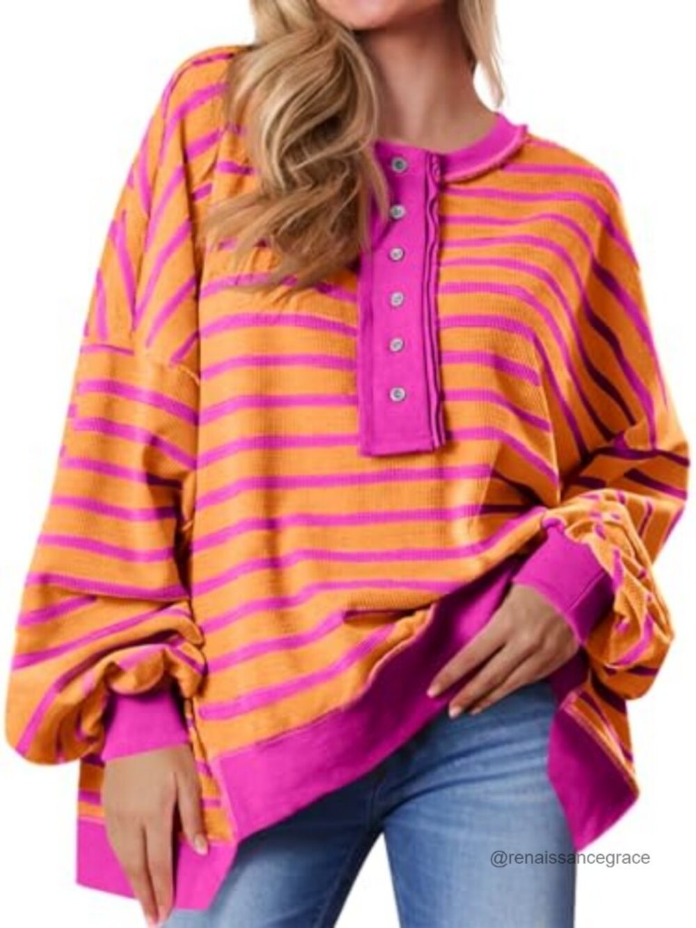 Oversized Striped Henley Sweatshirt Waffle Knit Long Sleeve Pullover Fall Winter - Picture 1 of 6